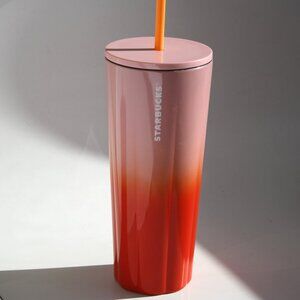 Starbucks 2020 24 Oz stainless lidded tumbler orange pink ombre Starbucks straw